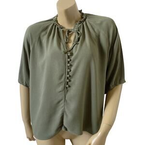 Hazel Womens Medium Green Peasant Blouse Tie Neck Keyhole Button Front Boho Top